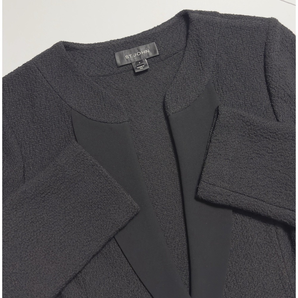 St. John Textured Knit One Button Blazer Jacket Satin Collar Sz 6 Designer USA
